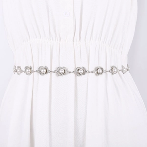 Elegant silver metal waist chain featuring plum blossom links with white pearl centers