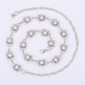 Silver flower waist chain with pearls and adjustable link for elegant dress decoration