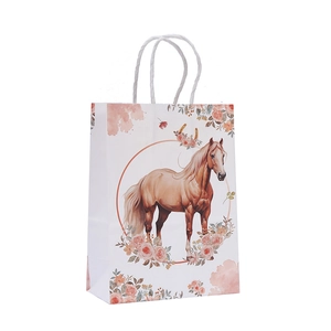 Minimalist paper gift bag with elegant horse and floral print and white rope handles