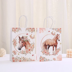 Floral horse print paper gift bags with white rope handles for party and shopping