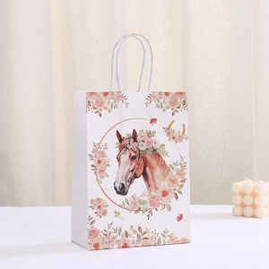 Elegant white paper gift bag featuring floral horse head illustration with rope handles
