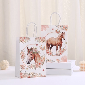 Horse Floral Printed Paper Gift Bags With Handles Retro Elegant Party Favor Bags For Wedding Birthday Shopping Wrap