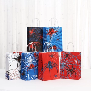 Halloween Kraft Paper Gift Bags With Spider Spiderweb Print Cartoon Handled Party Favor Candy Packaging Bag For Halloween