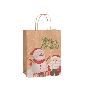 Sac cadeau en papier kraft de Noël avec texte Merry Christmas et personnages festifs