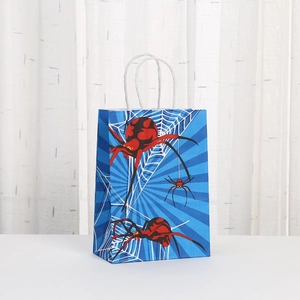 Blue paper gift bag with spider web print and sturdy white twisted rope handles