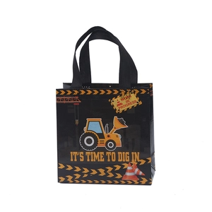 Construction theme black tote bag with excavator print for kids party gifts
