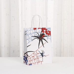 Detail of white kraft paper gift bag with spider web print and sturdy rope handles