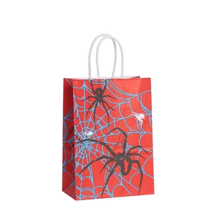 Halloween red spider web kraft paper gift bag with handles for party treats and shopping