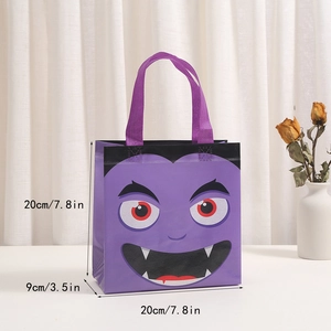 Purple Halloween non-woven gift bag featuring a cartoon vampire with dimensions 20x20x9cm