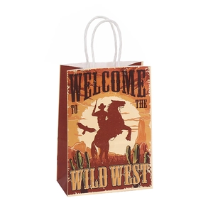 Western Cowboy Wild West kraft paper gift bag with cactus and rider silhouette print