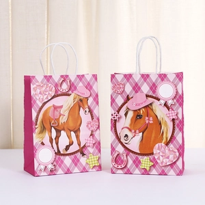 Pink checkered horse themed paper gift bags with equestrian illustrations and handles