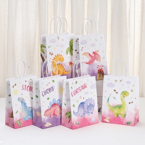 Sacs cadeaux en papier kraft dinosaures colorés avec poignées pour fêtes d'enfants