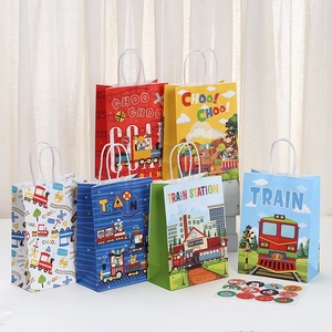 Colorful cartoon train party gift paper bags with matching stickers for kids events