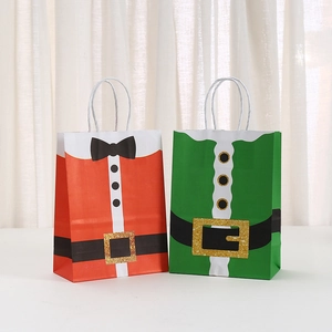 Christmas paper gift bags with red Santa and green elf outfit designs and rope handles