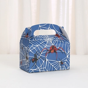 Blue Halloween favor box with white spider web prints and sturdy integrated handle