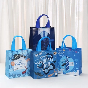Waterproof Laminated Non-Woven Gift Bag For Father's Day Blue Pattern Tote Bag For Party Gift Wrapping Best Dad Ever Bag