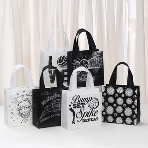 Set of 6 volleyball themed non-woven gift bags with athletic slogans in black and white