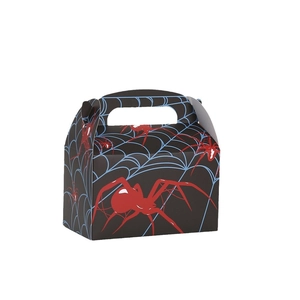 Halloween gift box with blue spider web and red spider pattern featuring a top handle