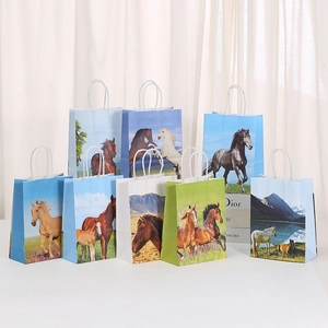 Assorted kraft paper gift bags featuring realistic horse photography and rope handles