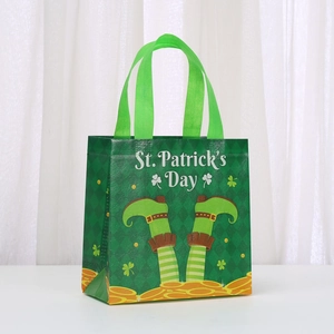 Reusable St. Patrick's Day non-woven gift bag with green clover and leprechaun pattern