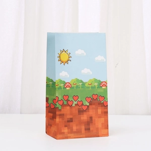 Pixel art style paper gift bag with grass and heart patterns for party favors