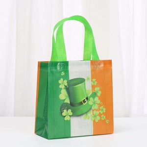 Detail of St. Patrick's Day non-woven bag with green striped flag and shamrock hat design
