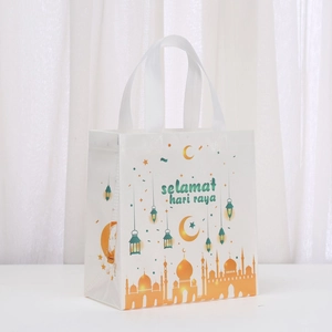 Sacchetto regalo in TNT bianco Selamat Hari Raya con luna dorata e motivo moschea