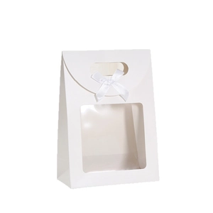 White cardboard gift bag with large clear window and decorative white ribbon bow