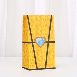 Yellow pixel style gift bag with blue diamond icon for Minecraft themed parties