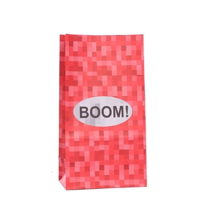 Red pixelated gift bag with BOOM! text design for kids birthday party favors