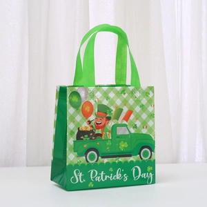 Green St. Patrick's Day non-woven tote bag with clover, leprechaun and truck prints