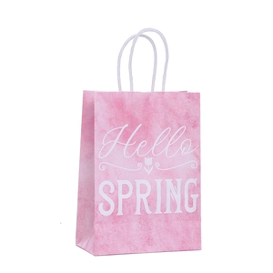 Pink marble texture paper gift bag with Hello Spring floral print and white rope handle