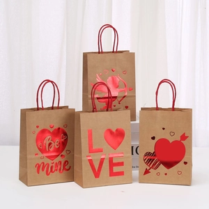 Valentinstag Kraftpapier Geschenktüte Rote Heißprägung Herz Cupido Muster Braune Shopping Verpackungstasche Mit Griff