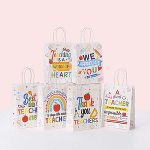 Detail view of 6 Teacher Appreciation gift bags with school icons and rope handles
