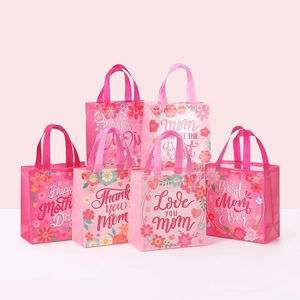 Detailed set of six pink non-woven gift bags with floral Happy Mother's Day prints