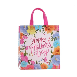 Floral Happy Mother's Day non-woven gift bag with pink handles and colorful flower patterns