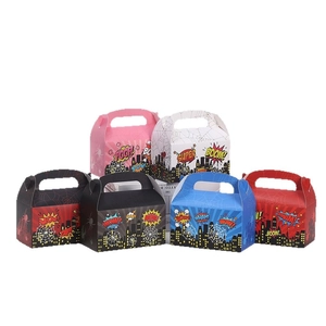 Comic hero style dessert boxes in six colors with spider web prints and handles