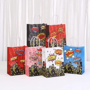 Superhero Comic Style Paper Gift Bag With Handle Cartoon City Spider Web Pattern For Kids Birthday Party Favor Wrap
