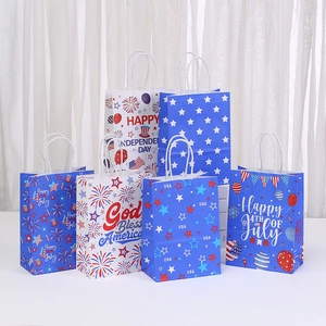 Independence Day kraft paper gift bags featuring red white and blue holiday patterns