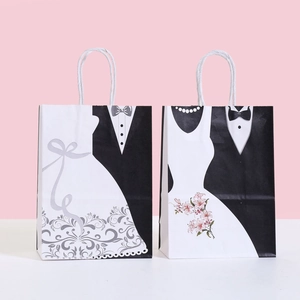 Wedding gift paper bags set with elegant white dress and black tuxedo suit prints