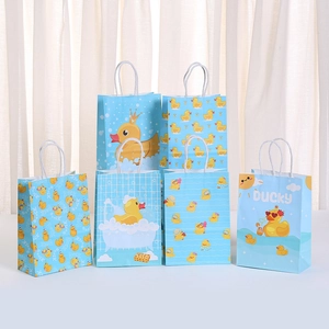 Cute blue duck cartoon paper gift bags with handles for shopping or parties