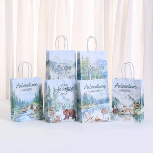 6-piece forest adventure kraft gift bags featuring watercolor mountain and animal prints