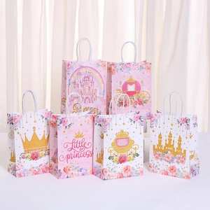 Princess Castle Crown Pumpkin Carriage Kraft Paper Gift Bag Sweet Cartoon Floral Pattern Party Favor Bag For Birthday Kids Girls
