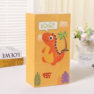 Kreative gelbe Dinosaurier-Süßigkeitentüte aus Kraftpapier mit niedlichem Cartoon-Dinosaurier
