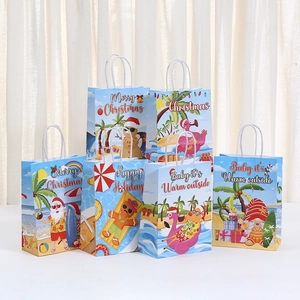 Tropical Christmas Kraft Paper Gift Bag Santa Flamingo Snowman Beach Party Favor Packaging Bag With Handle Merry Christmas Wrap Bag
