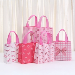 Pink Bow Print Non-Woven Gift Bag Cute Portable Handbag Waterproof Packaging Bag For Birthday Wedding Party Shopping
