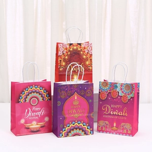 Sac Cadeau Happy Diwali en Papier Kraft Imprimé Festival Of Lights Mandala Éléphant Sac de Fête Avec Poignée