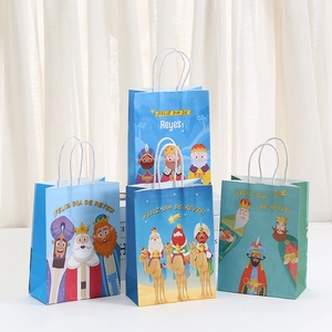 Three Kings Day kraft paper gift bags featuring cartoon Wise Men illustrations with white handles