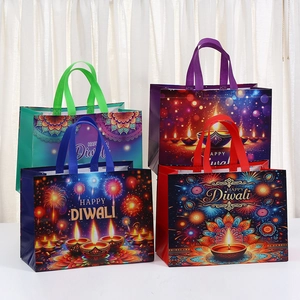 Bolsa de Regalo Impresa de Tela No Tejida Happy Diwali Plegable Bolsa de Embalaje de Compras Con Patrón de Mandalas Diya