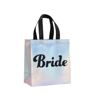 Sacchetto regalo laser iridescente in TNT con stampa Bride e manici neri